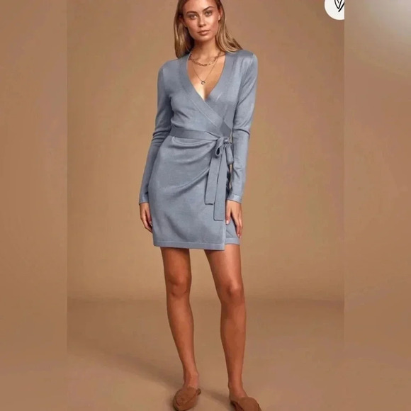 Lulus Literary Lover Slate Blue Wrap Sweater Dress Mini Tight Knit Rayon: Large - Picture 1 of 11